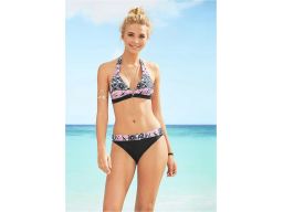 B.P.C. bikini czarne z kolorowym wzorem z figami z wywijanym pasem 36.