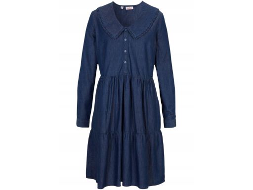 B.P.C jeansowa sukienka z kołnierzykiem i z falbanami 44.