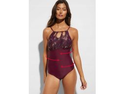 B.P.C Kostium kąpielowy modelujący śliwkowy z nadrukiem złotym 42.