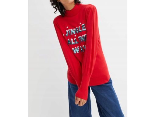 B.P.C sweter dzianinowy czerwony świąteczny z napisem z cekinów ^40/42