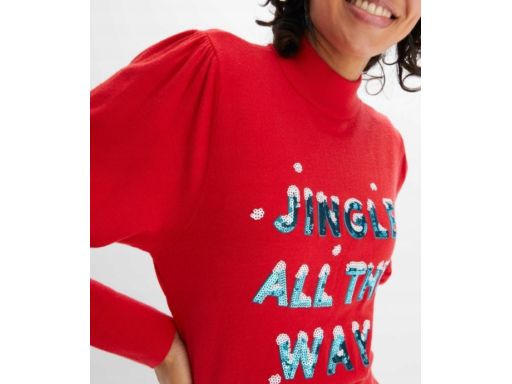 B.P.C sweter dzianinowy czerwony świąteczny z napisem z cekinów ^40/42