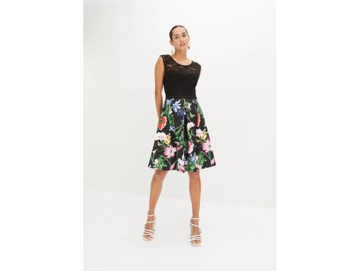 B.P.C letnia sukienka czarna w kwiaty z koronką i ażurowym paskiem ^36