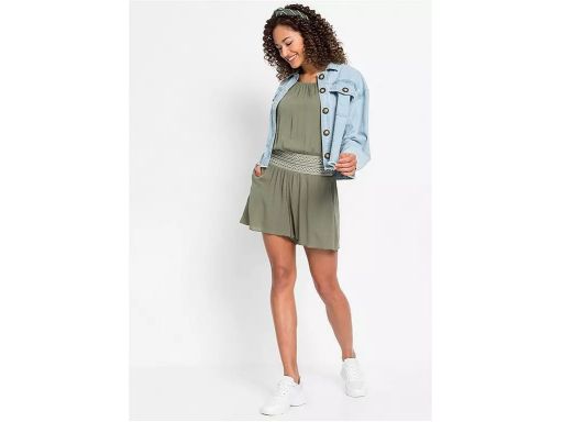 B.P.C krótki kombinezon zielony z szerokim pasem z białym haftem r.46