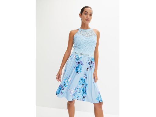 B.P.C letnia sukienka niebieska w kwiaty z koronką i ażurowym paskiem