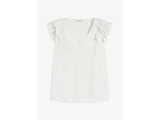 B.P.C bluzka satynowa bez rękawów z falbaną śmietankowa 42.