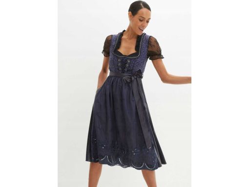 B.P.C. czarna sukienka ludowa w cętki leoparka z faktuchem z siateczki