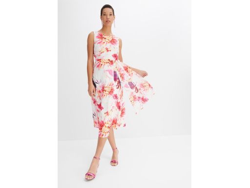 B.P.C letnia sukienka szyfonowa midi biało-różowa w kwiaty ^40