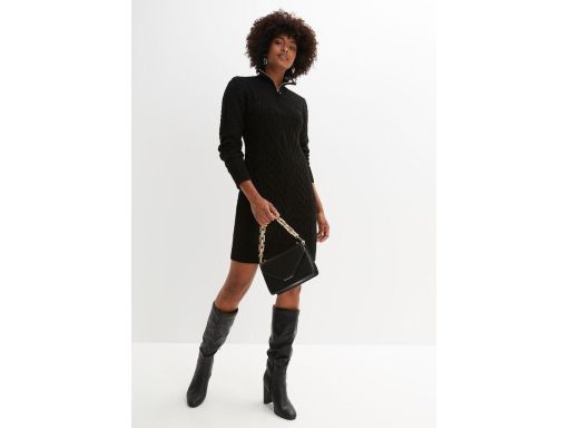 B.P.C sukienka dzianinowa czarna ze stójką i splotem dekoracyjnym ^36/