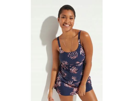 B.P.C długie tankini granatowe w kolorowe liście i figi w komplecie r.