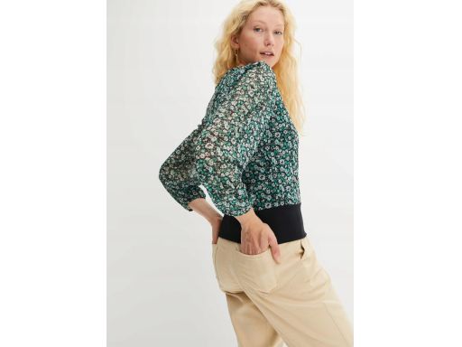 B.P.C Szyfonowa bluzka czarno-zielona w kwiaty ^48/50