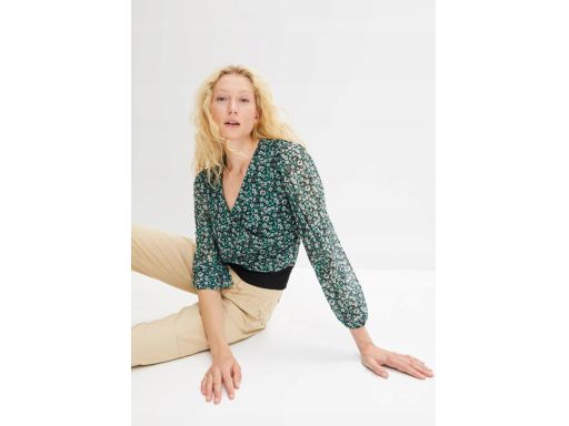 B.P.C Szyfonowa bluzka czarno-zielona w kwiaty ^48/50