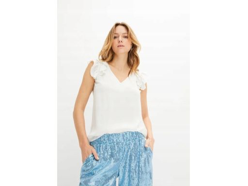 B.P.C bluzka satynowa bez rękawów z falbaną śmietankowa ^42