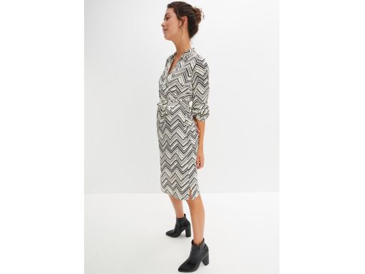 B.P.C sukienka satynowa śmietankowa w czarne wzory midi 40.