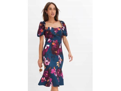 B.P.C sukienka ciemny turkus w kwiaty z bufiastymi rękawkami r.36/38