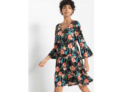 B.P.C sukienka czarna w kwiaty z falbaną r.32/34