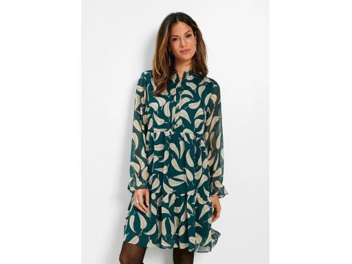 B.P.C. szyfonowa sukienka ze stójką zielona w beżowe listki 36.