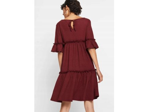 B.P.C bordowa sukienka z krepy z falbanami r.36/38