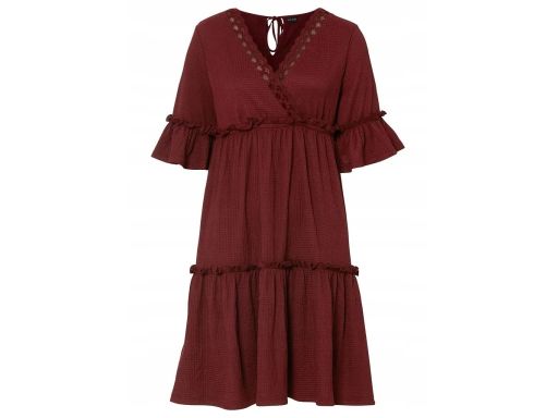 B.P.C bordowa sukienka z krepy z falbanami r.36/38