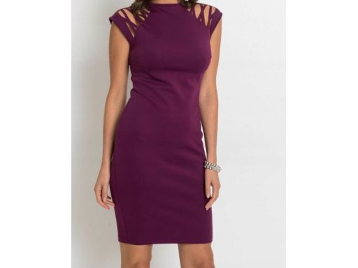 B.P.C dopasowana sukienka haft laserowy śliwkowa 40/42.