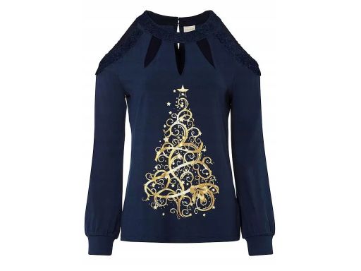 B.P.C bluzka świąteczna granatowa z nadrukiem i cekinami wycięcia 36/3