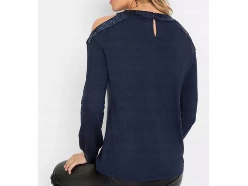 B.P.C bluzka świąteczna granatowa z nadrukiem i cekinami wycięcia 36/3