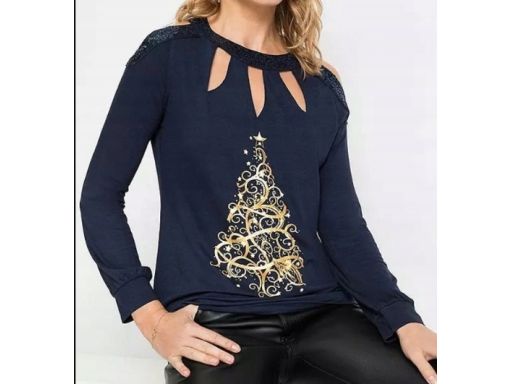 B.P.C bluzka świąteczna granatowa z nadrukiem i cekinami wycięcia 36/3