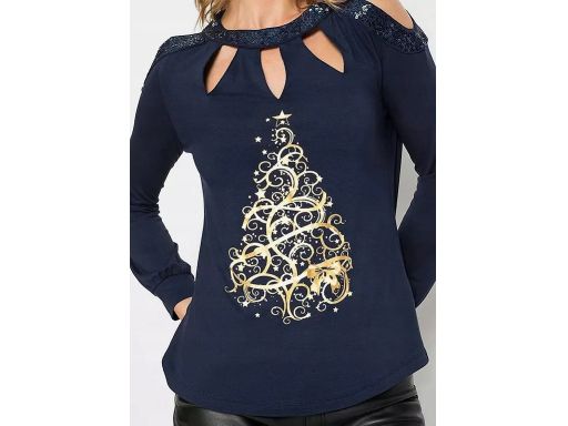B.P.C bluzka świąteczna granatowa z nadrukiem i cekinami wycięcia 36/3