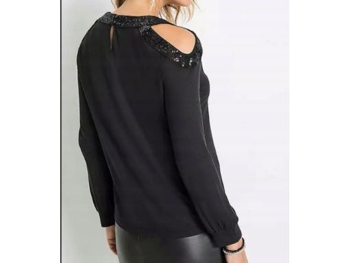 B.P.C bluzka świąteczna czarna z nadrukiem i wycięciami z cekinami 36/