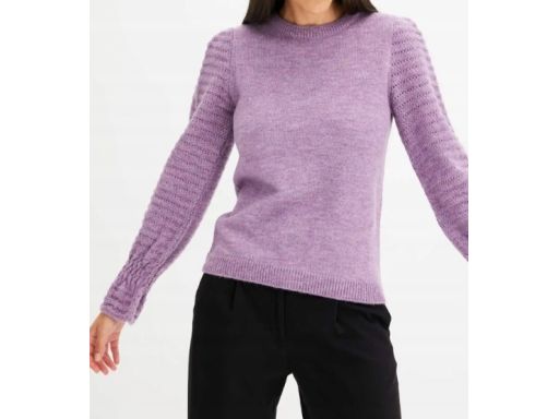 B.P.C fioletowy sweter z falbankami na rękawach 32/34.