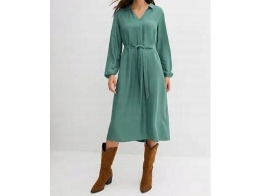 B.P.C sukienka midi zielony dymny z paskiem z wiskozy 46.