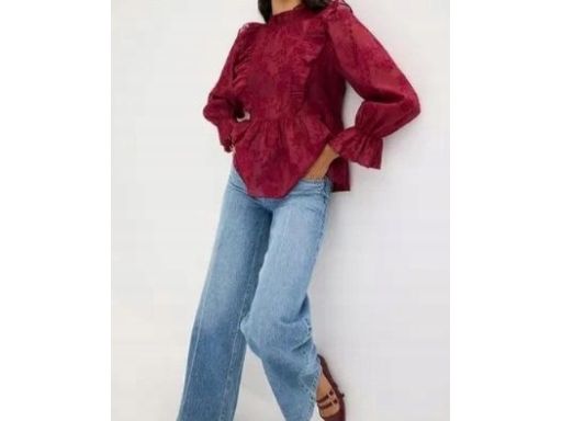B.P.C bordowa bluzka z haftem, falbankami i baskinką r.42