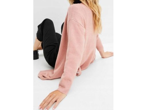 B.P.C długi sweter kopertowy wiązany pudrowy róż 32/34.