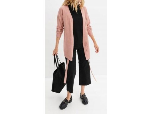 B.P.C długi sweter kopertowy wiązany pudrowy róż 32/34.