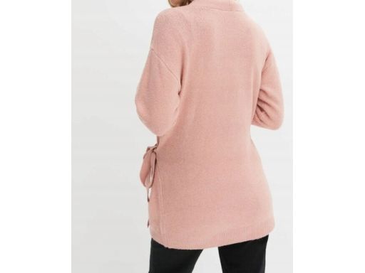 B.P.C długi sweter kopertowy wiązany pudrowy róż 32/34.