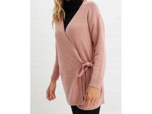 B.P.C długi sweter kopertowy wiązany pudrowy róż 32/34.