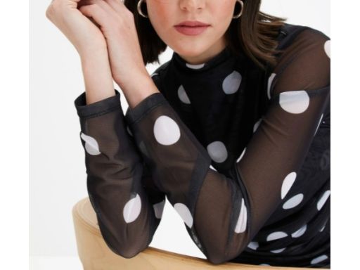 B.P.C bluzka siateczkowa czarna w białe grochy z marszczeniami 48/50.