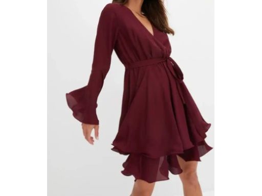 B.P.C sukienka bordowa szyfonowa z falbanami 44/46.
