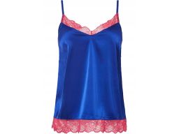 B.P.C top satynowy niebieski z różową koronką r.40/42