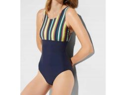 B.P.C kostium kąpielowy granatowy z kolorowymi paskami 38.