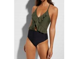 B.P.C kostium kąpielowy czarno-khaki z falbanką i wycięciem r.42