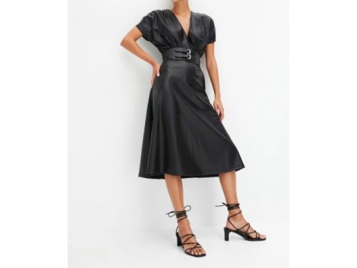 B.P.C czarna sukienka z eko skóry midi z paskiem 44/46.