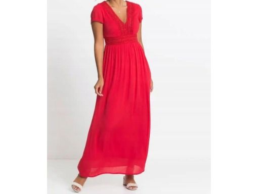 B.P.C czerwona sukienka z wiskozy z koronką długa ^40