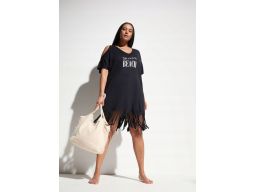 B.P.C czarna tunika plażowa z frędzlami i białym napisem ^48/50
