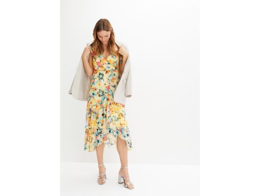 B.P.C sukienka szyfonowa z falbankami asymetryczna odkryte ramiona 46.