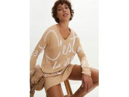 B.P.C karmelowy sweter z białymi napisami ^36/38