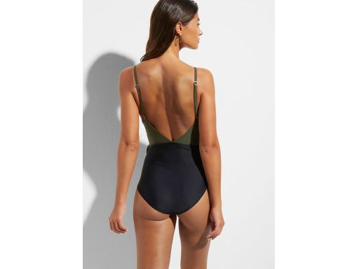 B.P.C kostium kąpielowy czarno-khaki z falbanką i wycięciem 38.