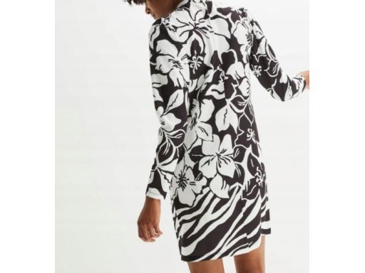B.P.C sukienka czarna w białe wzory ze stójką w dekolcie 40/42.