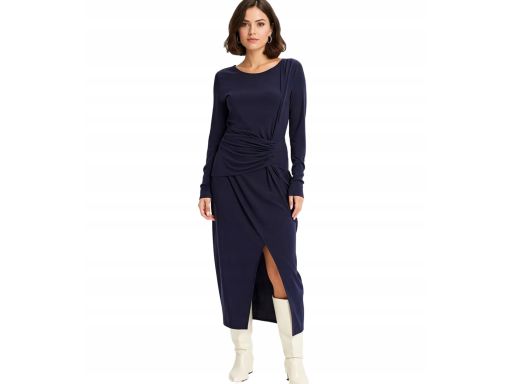 B.P.C sukienka granatowa wiskozowa midi z marszczeniem ^36/38