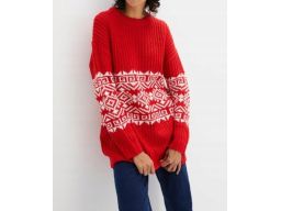 B.P.C długi sweter czerwony z białym wzorem ^36/38