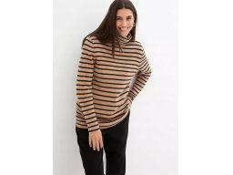 B.P.C sweter z golfem prążkowany beżowy w czarne paseczki 48/50.